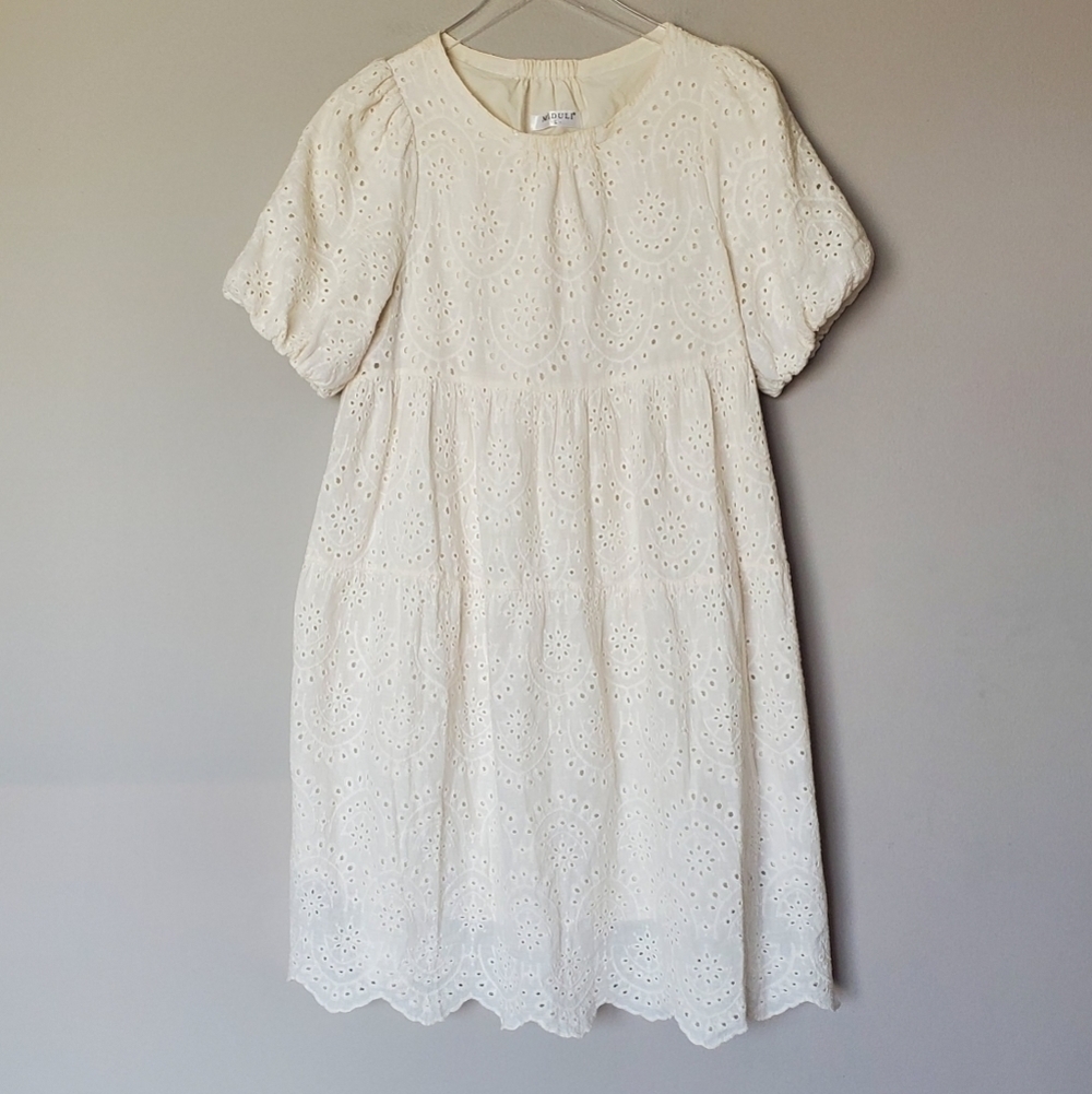 Miduli Puff Sleeve Embroidered Eyelet Lace Midi Dress